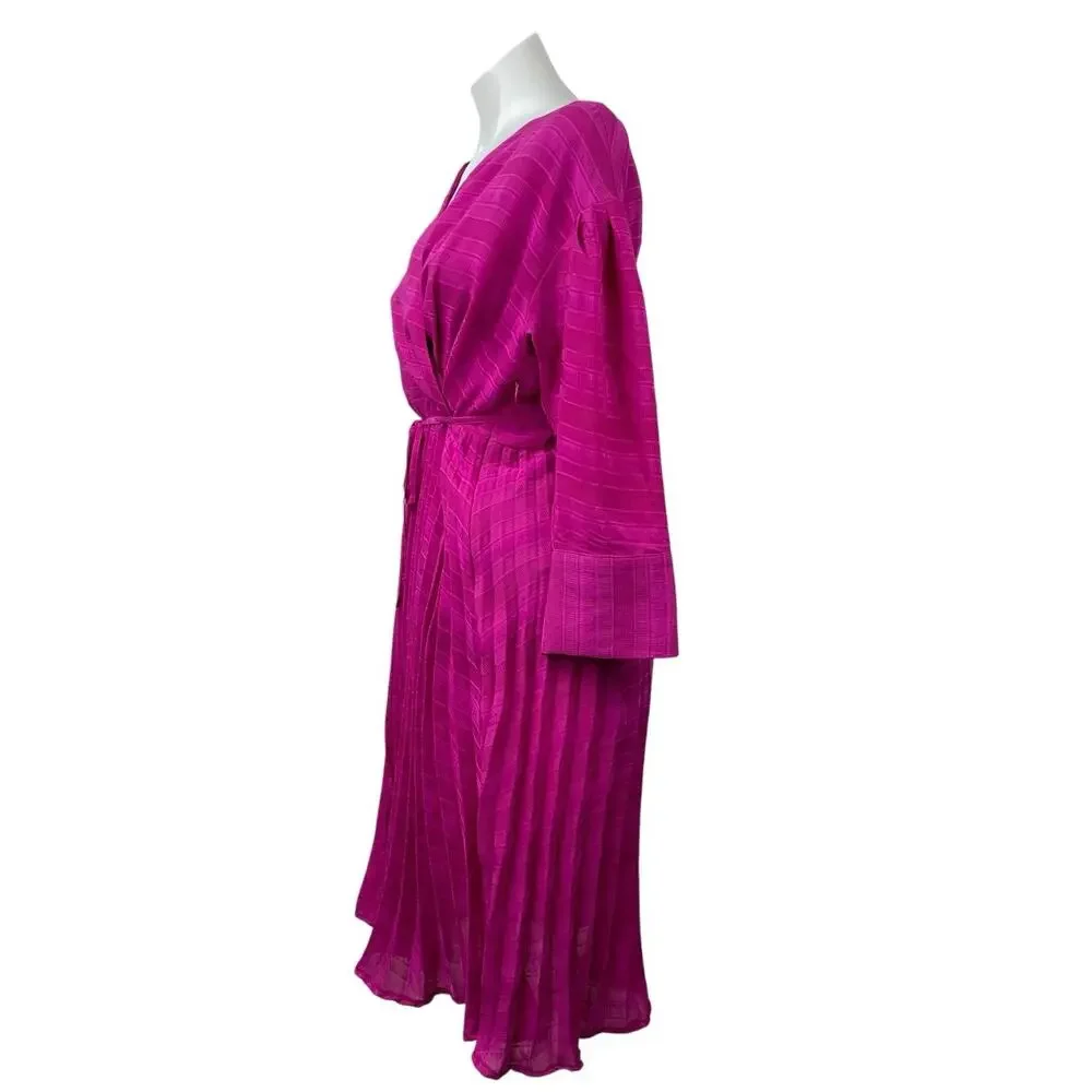 Sewlip Women's Pink Long Sleeve V Neck Pleated Tie Waist Wrap Midi Skirt Size M - Picture 2 of 5